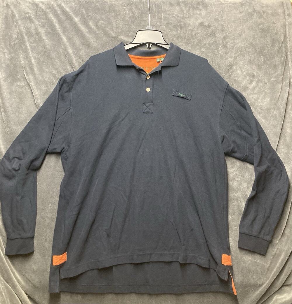 ORVIS Signature Rugby Polo Long Sleeve Shirt Mens Navy Orange XL Preppy Gorpcore